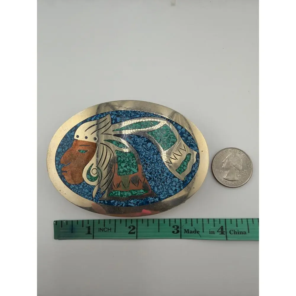 Vintage Southwestern Style Mosaic Turquoise and Stone Indian Chief Belt Buckle